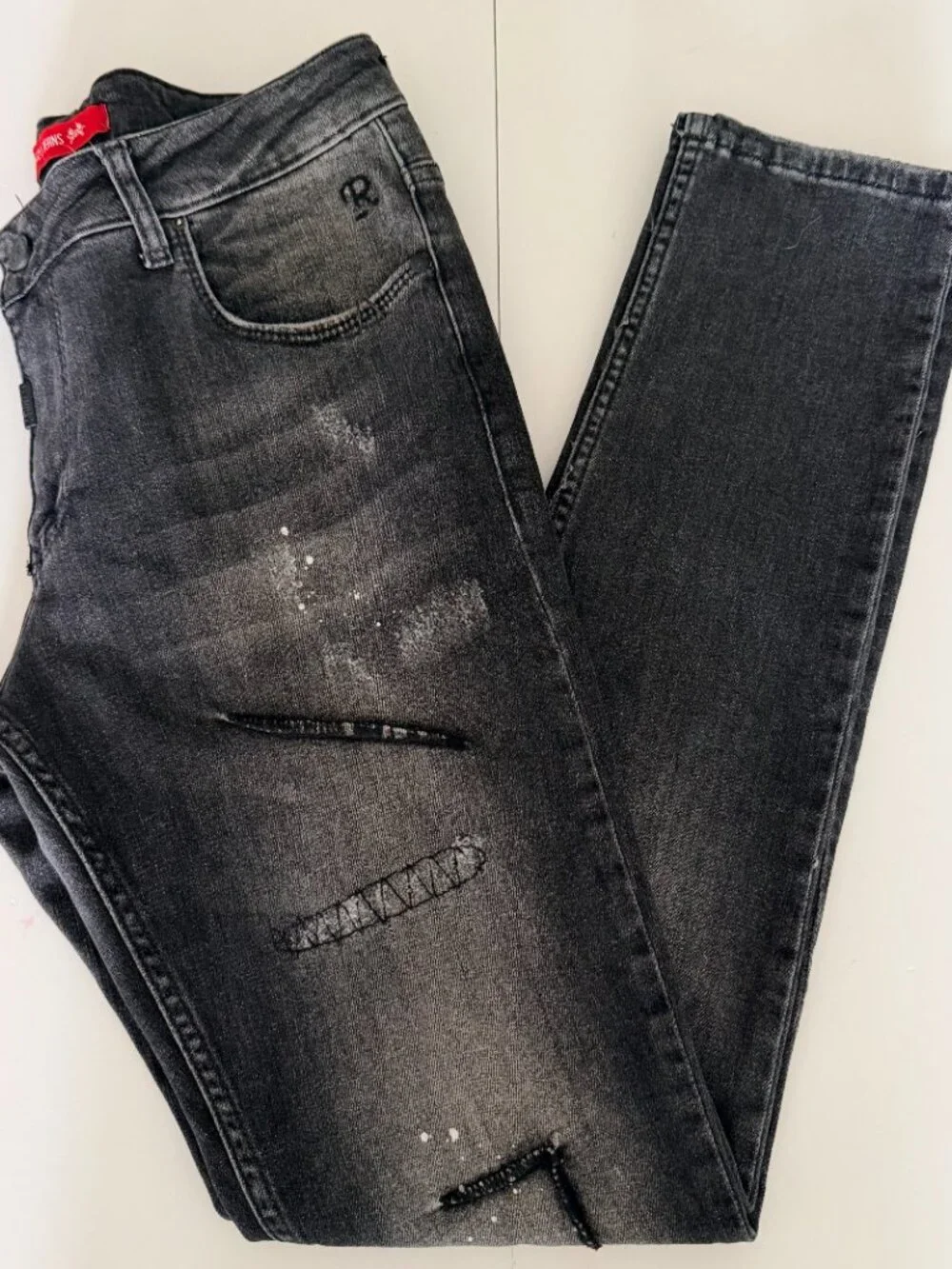 NWT Mens RNT 23 Black Distressed Paint Splatter Slim Jeans Sz 28 Goth Grunge Emo